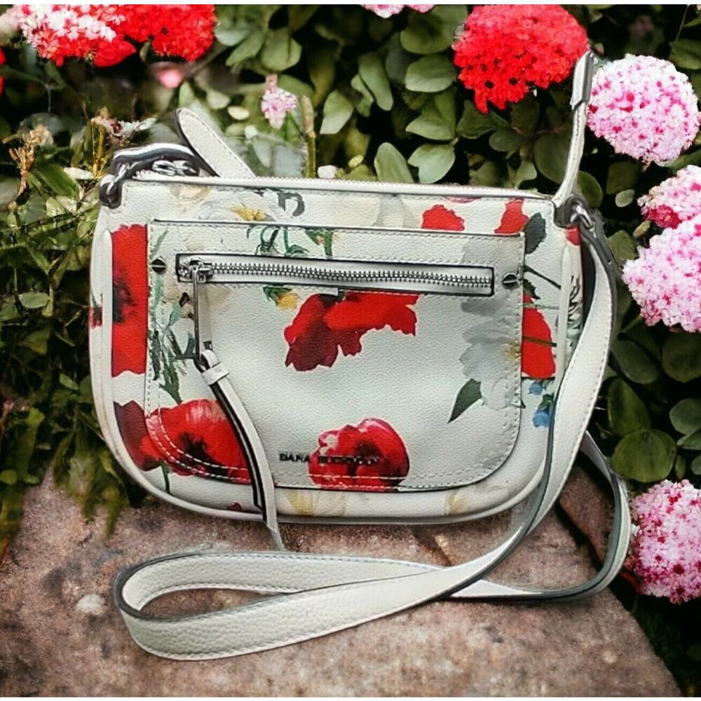 Dana Buchman White Faux Leather Floral Crossbody Purse Handbag EUC